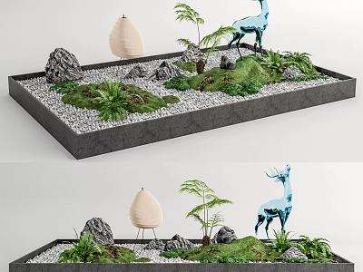 Small Courtyard Garden Design with Stones Green Plants Deer Sculpture Lantern and Gravel Lawn 3d model