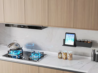 Modern Kitchen With Gas Stove Range Hood Wooden Cabinets And Marble Countertop 3d model