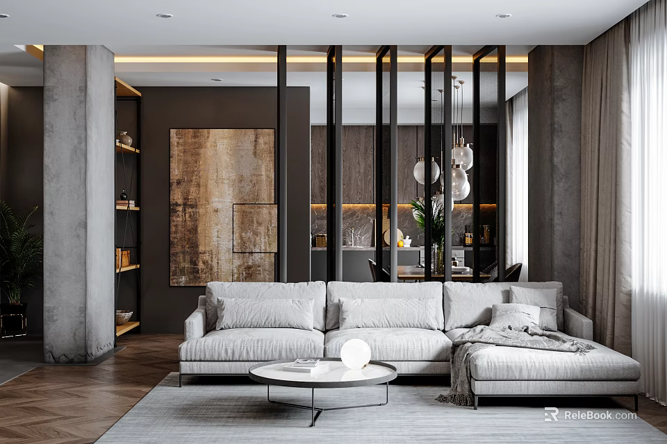 Living Room Interior With Light Gray Sofa Round Coffee Table Wooden Partition And Pendant Lights 3d model 
