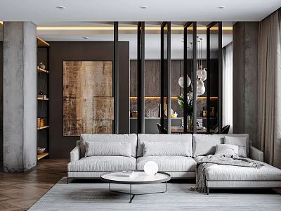 Living Room Interior With Light Gray Sofa Round Coffee Table Wooden Partition And Pendant Lights 3d model