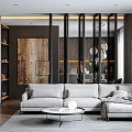 Living Room Interior With Light Gray Sofa Round Coffee Table Wooden Partition And Pendant Lights
