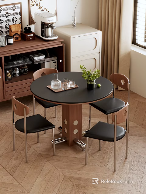 Round Black Tabletop Dining Table Set With Brown Legs Four Black Chairs And Small Plant 3d model 