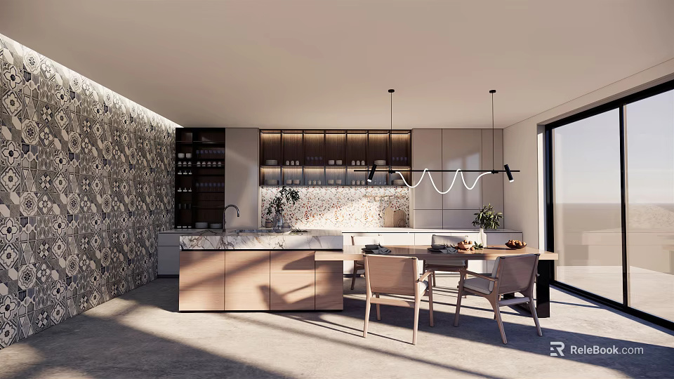 Modern Restaurant Interior Design With Dining Table Chairs Pendant Lights And Wall Decor 3d model