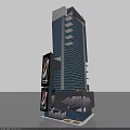 Tall Modern Commercial Complex Building With Glass Curtain Walls And Large Billboards