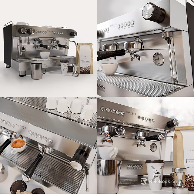 Stainless Steel Coffee Machine As Modern Kitchen Appliance With Coffee Beans And Cups 3d model 