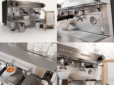 Stainless Steel Coffee Machine As Modern Kitchen Appliance With Coffee Beans And Cups 3d model