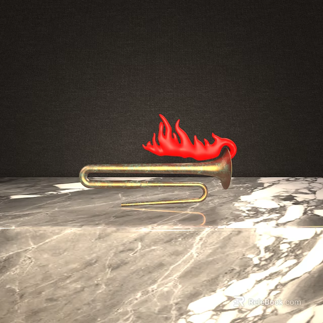 Brass Horn Shaped Commercial Equipment with Red Flame on Marble Countertop and Black Background 3d model 
