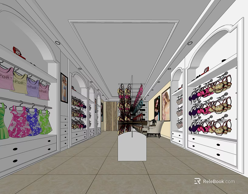 Elegant Lingerie Store Interior With Colorful Garments Display Shelves And Posters 3d model 