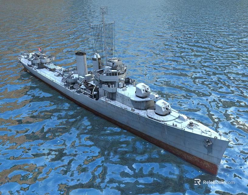 Large Warship Sailing On Calm Blue Water Surface With Turrets And Deck 3d model 