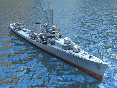 Large Warship Sailing On Calm Blue Water Surface With Turrets And Deck 3d model
