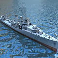 Large Warship Sailing On Calm Blue Water Surface With Turrets And Deck 3d model