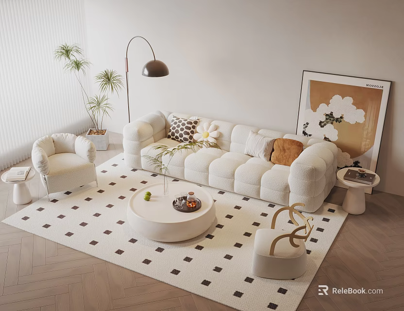 Modern Plush White Sofa and Round Coffee Table Set in Living Room with Decorative Elements 3d model