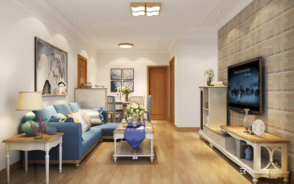 Cozy Living Room Interior With Blue Sofa Coffee Table TV And Brick Wall Decor 3d model 
