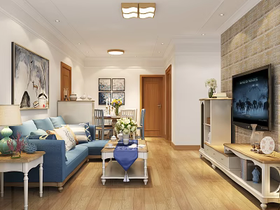 Cozy Living Room Interior With Blue Sofa Coffee Table TV And Brick Wall Decor 3d model