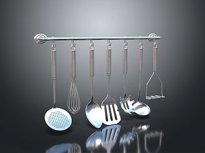 Stainless Steel Kitchen Utensils Hanging Rack With Slotted Spoon Whisk Spatula And Ladle 3d model