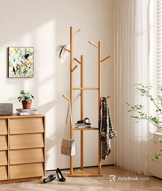 Tree Shaped Wooden Coat Rack With Hat Scarf And Bag In Living Room Home Decor 3d model 