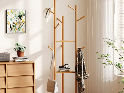 Tree Shaped Wooden Coat Rack With Hat Scarf And Bag In Living Room Home Decor 3d model