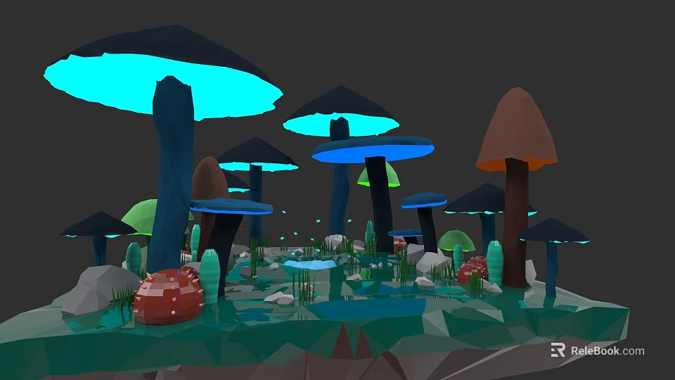 Low Poly Style Plant Painting With Colorful Mushroom Caps Small Plants And Stones 3d model 