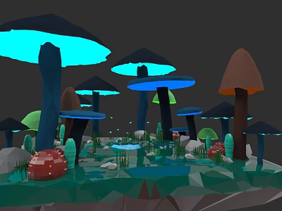 Low Poly Style Plant Painting With Colorful Mushroom Caps Small Plants And Stones 3d model