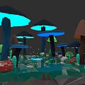 Low Poly Style Plant Painting With Colorful Mushroom Caps Small Plants And Stones