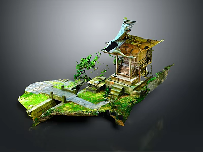 Traditional Chinese Pavilion Architecture With Curved Roof Green Plants Mossy Steps And Stone Path 3d model