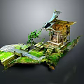 Traditional Chinese Pavilion Architecture With Curved Roof Green Plants Mossy Steps And Stone Path