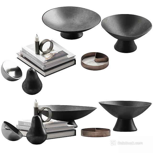 Black Metallic Decorative Ornaments Set With Candle Bowls And Stacked Books 3d model 