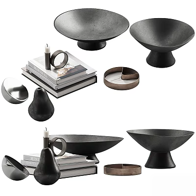 Black Metallic Decorative Ornaments Set With Candle Bowls And Stacked Books 3d model