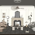 Elegant Modern Living Room Interior With Decorative Molding Ceiling Fan Fireplace And Mirror