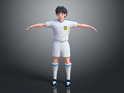 Young Boy In White Sports Uniform With Yellow Logo Standing Arms Outstretched On Gray Background 3d model