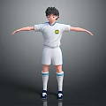 Young Boy In White Sports Uniform With Yellow Logo Standing Arms Outstretched On Gray Background