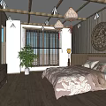 Chinese Hotel Guest Room With Wooden Ceiling Bamboo Screens Carved Panel And Floral Bedding