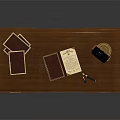 Classic Wooden Desk With Gold Handle Drawers Table Lamp Notebook And Pen