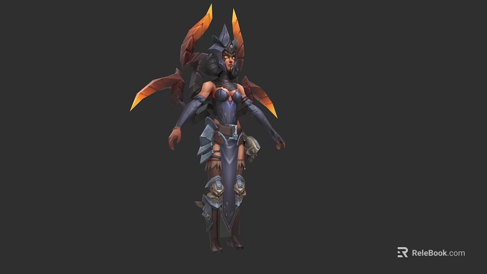 Game Movie Female Character With Purple Armor And Orange Winged Elements 3d model 