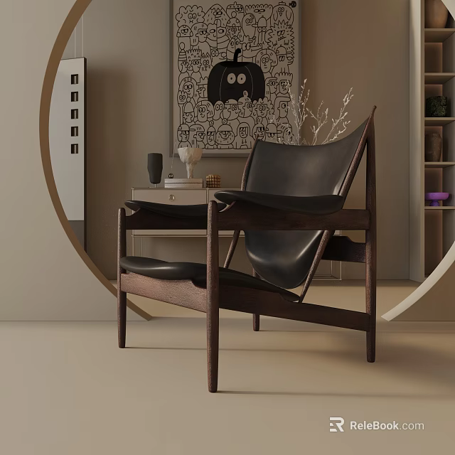 Sleek Modern Accent Chair With Black Leather And Wooden Frame Near Side Table With Artwork 3d model 