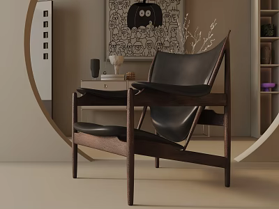 Sleek Modern Accent Chair With Black Leather And Wooden Frame Near Side Table With Artwork 3d model