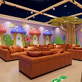 Kids Activity Room Interior With Brown Sofas Colorful Murals Flowers Butterflies Trees And Mushroom Decorations
