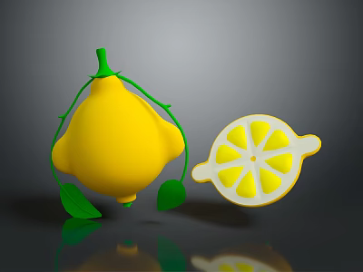 3D Rendered Whole Lemon with Green Vines Leaves and Sliced Half Showing Pulp 3d model