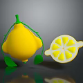 3D Rendered Whole Lemon with Green Vines Leaves and Sliced Half Showing Pulp