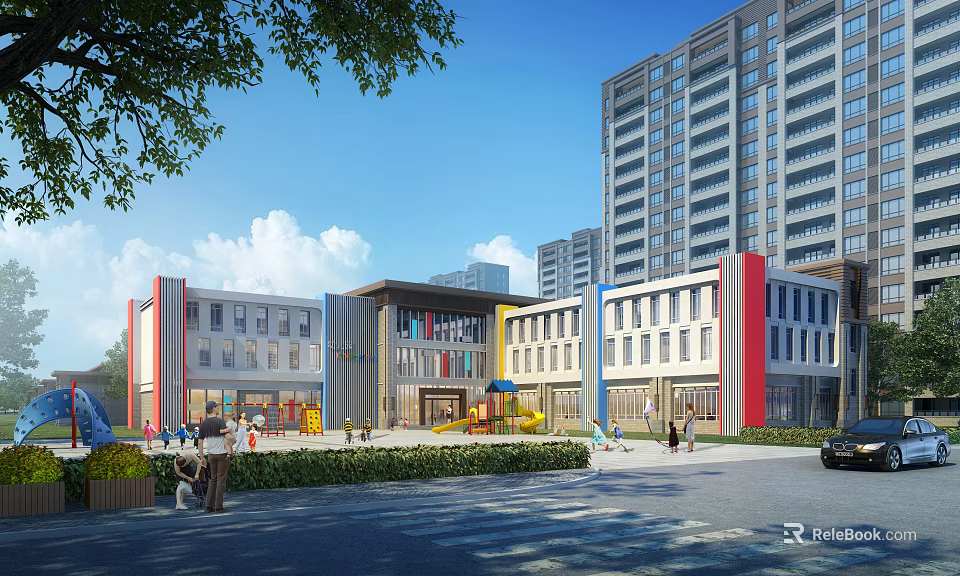 Modern Multi Story School Building With Colorful Exteriors Greenery And Sunny Day 3d model 