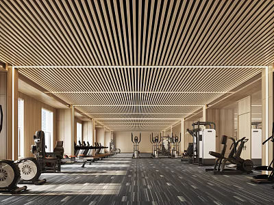 Modern Fitness Gym Featuring Various Workout Equipment And Spacious Wooden Ceiling Design 3d model