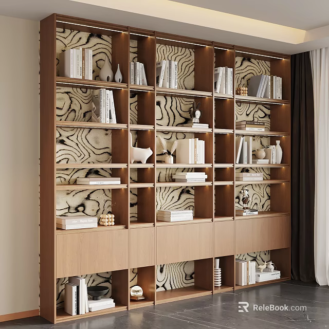 Elegant Modern Bookcase With Decorative Shelves Books Vases And Patterned Wallpaper 3d model 