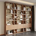 Elegant Modern Bookcase With Decorative Shelves Books Vases And Patterned Wallpaper