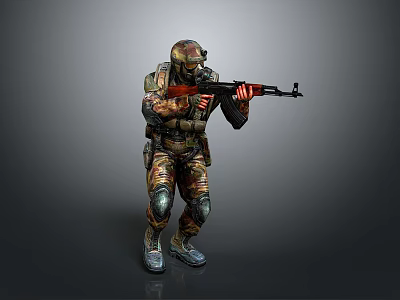 Camouflaged Armored Game Movie Character Holding Rifle in Combat Stance with Tactical Gear 3d model
