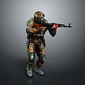 Camouflaged Armored Game Movie Character Holding Rifle in Combat Stance with Tactical Gear