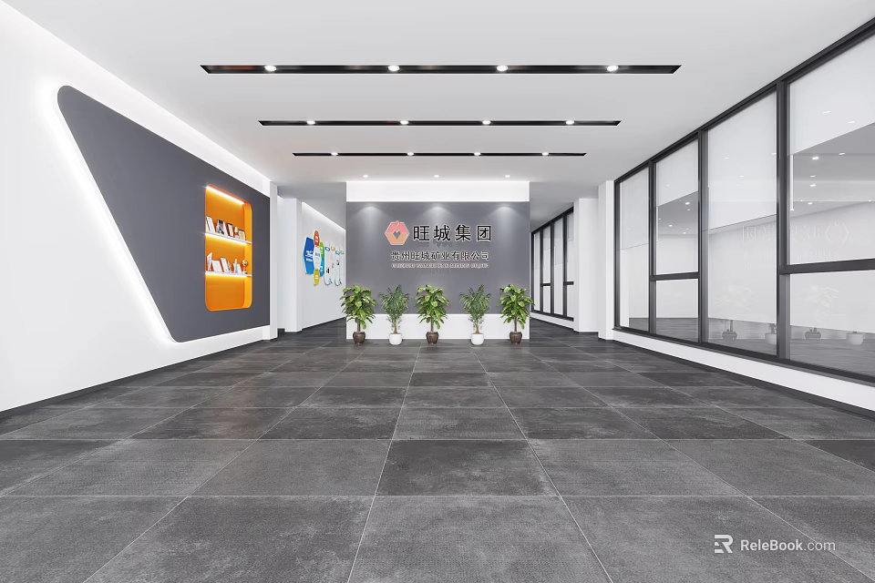 Modern Front Desk Reception Area With Company Logo Potted Plants And Spacious Design 3d model 