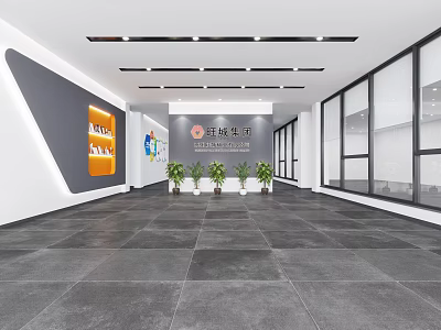 Modern Front Desk Reception Area With Company Logo Potted Plants And Spacious Design 3d model