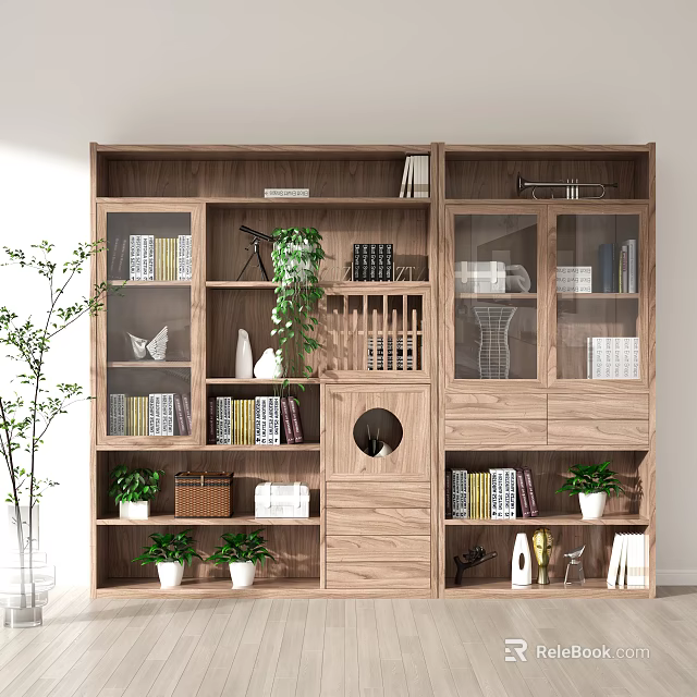 Modern Wooden Bookshelf With Books Green Plants And Glass Cabinet Doors 3d model 