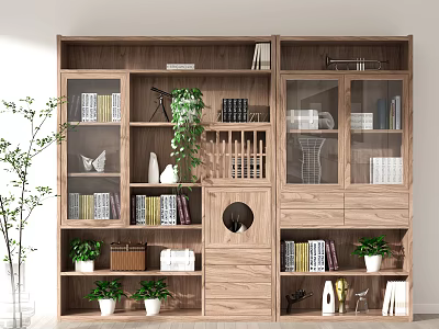 Modern Wooden Bookshelf With Books Green Plants And Glass Cabinet Doors 3d model