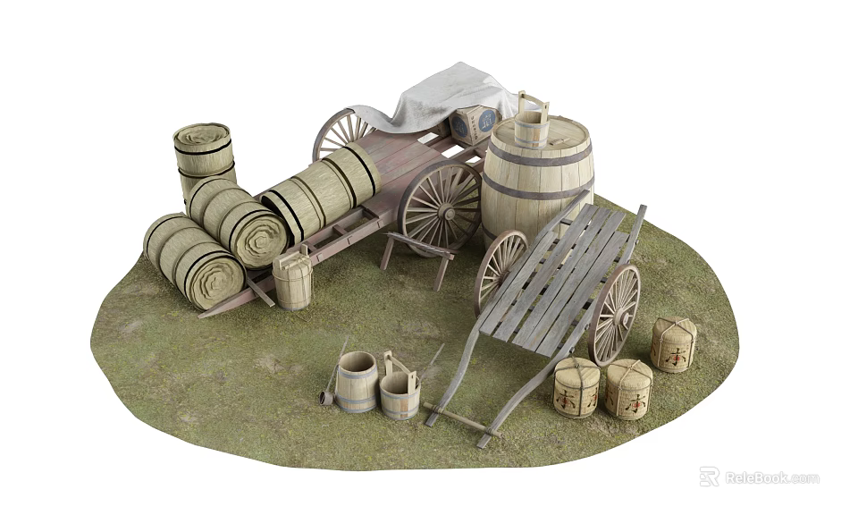 Traditional Wooden Farm Wagon And Cart With Barrels And Containers 3d model 